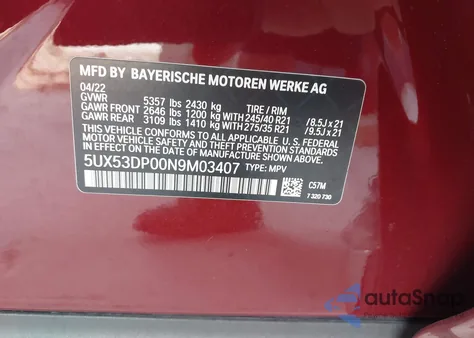 2022 BMW X3 xDrive30I from USA, damaged, VIN 5UX53DP00N9M03407